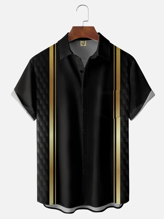 Ombre Black Gold Geometric Chest Pocket Short Sleeve Bowling Shirt
