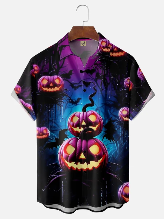 Moisture-wicking Halloween Evil Pumpkin Chest Pocket Hawaiian Shirt