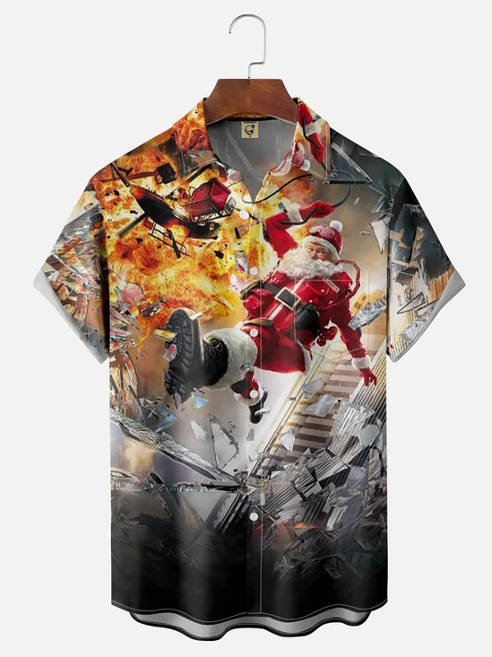 Moisture-wicking Exploding Santa Chest Pocket Hawaiian Shirt