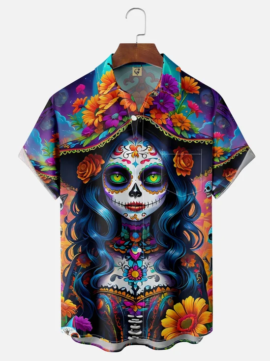 Moisture-wicking Day of the Dead Chest Pocket Casual Shirt