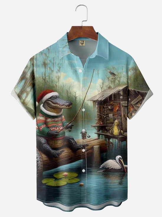 Moisture-wicking Christmas Alligator Fishing Chest Pocket Hawaiian Shirt