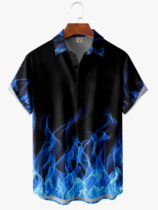 Tall Size Moisture-wicking Halloween Fire Print Chest Pocket Hawaiian Shirt