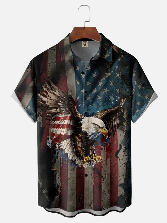 Moisture-wicking National American Eagle Veterans Day Chest Pocket Casual Patriotic Shirt