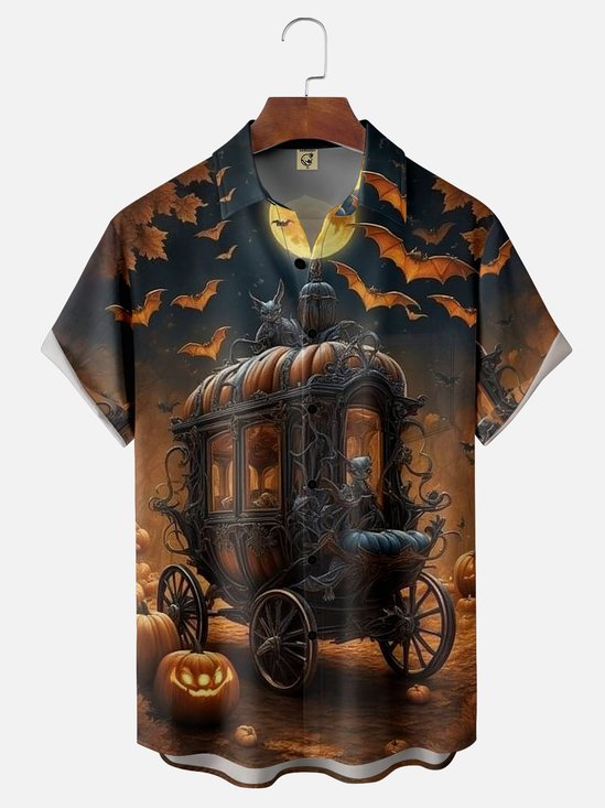 Moisture-wicking Halloween Midnight Skeleton Pumpkin Car Chest Pocket Hawaiian Shirt