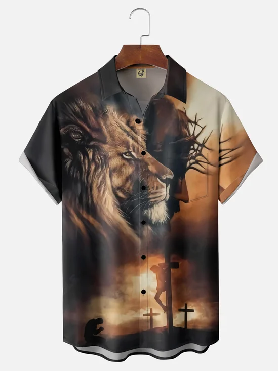 Moisture-wicking Christianity Jesus Lion Cross Faith Chest Pocket Casual Shirt
