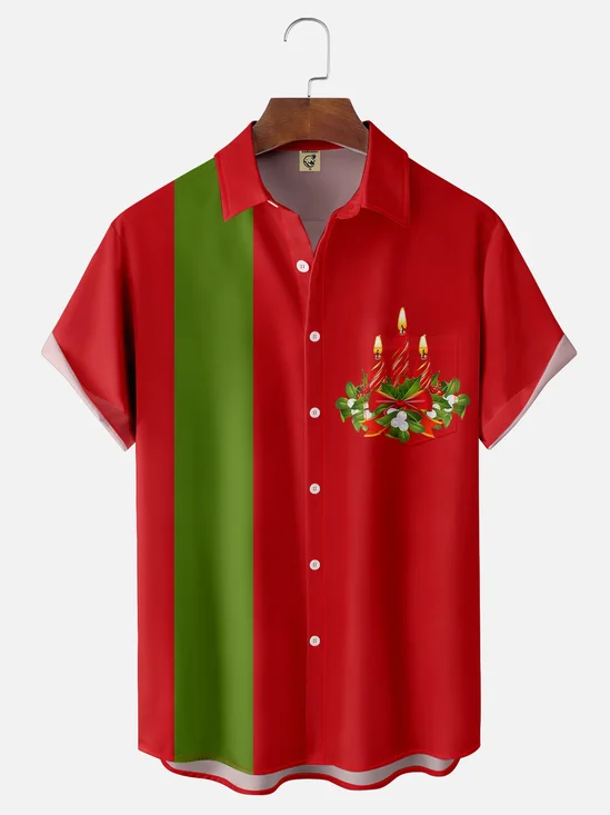 Moisture-wicking Christmas Candle Chest Pocket Bowling Shirt