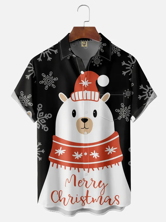 Moisture-wicking Christmas Polar Bear Snowman Chest Pocket Casual Shirt