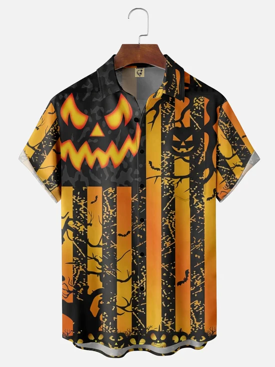 Moisture Wicking Halloween Pumpkin Horror Nights Chest Pocket Hawaiian Shirt