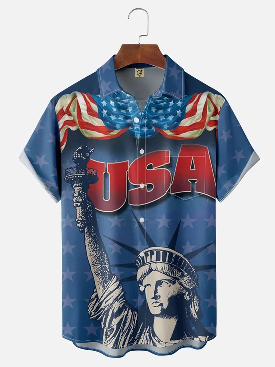 Moisture Wicking American Flag Statue of Liberty Chest Pocket Patriotic Shirt