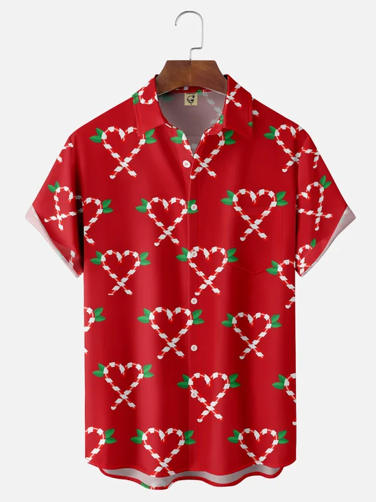 Moisture-wicking Christmas Candy Cane Chest Pocket Casual Shirt