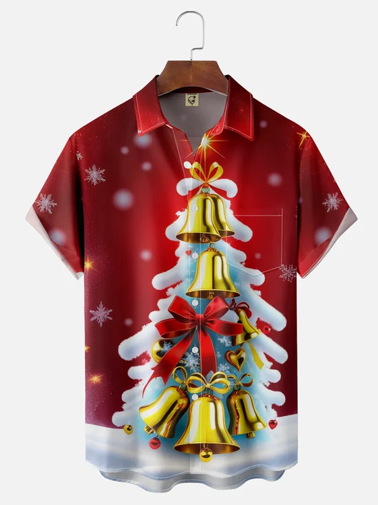 Moisture-wicking Christmas Bells Tree Chest Pocket Casual Shirt