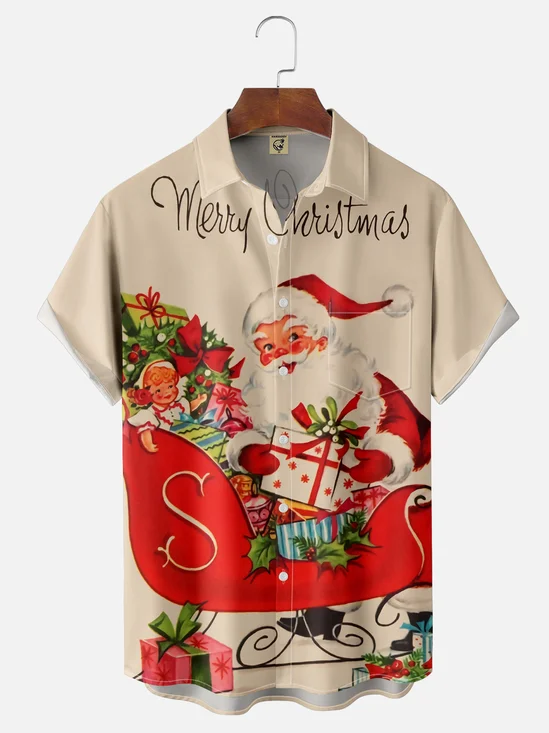 Moisture-wicking Vintage Christmas Santa Claus Chest Pocket Casual Shirt