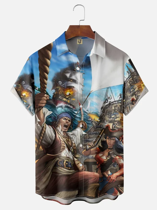 Moisture Wicking Corsair Pirate Chest Pocket Hawaiian Shirt