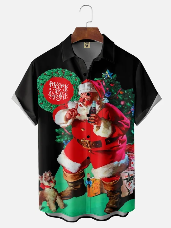 Moisture-wicking Vintage Christmas Santa Claus Merry&Bright Chest Pocket Casual Shirt