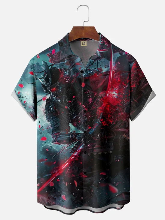 Moisture Wicking Ukiyo-e Samurai Chest Pocket Hawaiian Shirt
