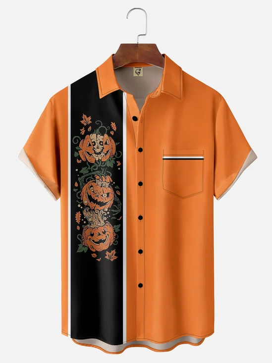 Moisture-wicking Halloween Pumpkin Chest Pocket Bowling Shirt