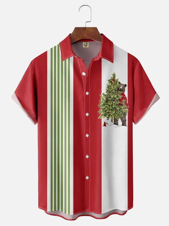Moisture-wicking Christmas Tree Bear Chest Pocket Bowling Shirt