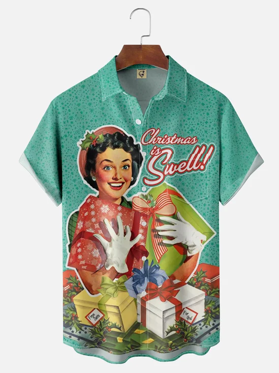 Moisture-wicking Christmas Lady Vintage Poster Chest Pocket Hawaiian Shirt