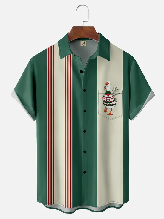 Moisture-wicking Christmas Duck Chest Pocket Bowling Shirt