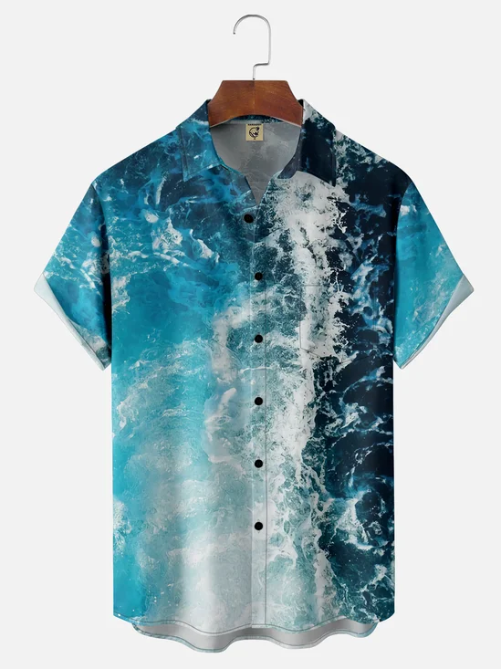 Mens Ocean Waves Print Front Buttons Soft Breathable Chest Pocket Casual Hawaiian Shirt