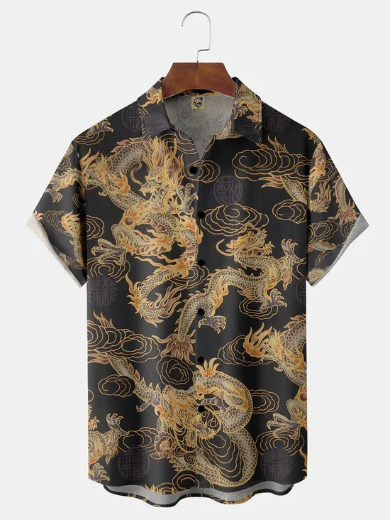Japanese Dragon Chest Pocket Short Sleeve Hawaiian Shirt