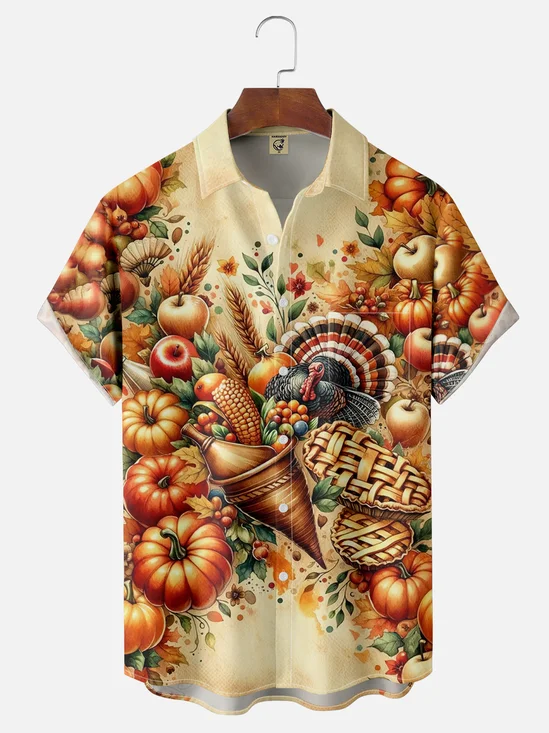 Moisture-wicking Thanksgiving Pumpkin and Turkey Chest Pocket Hawaiian Shirt