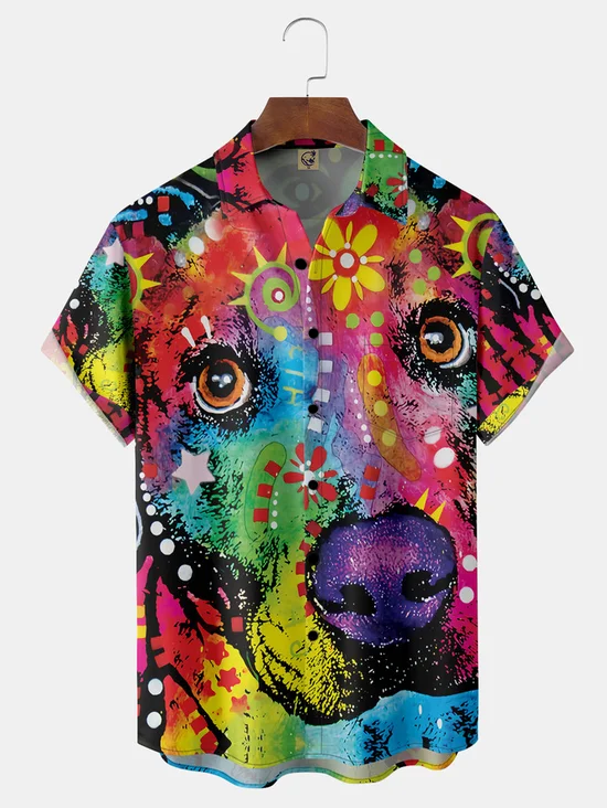 Dog Illustration Chest Pocket Short Sleeve Casual Shirt