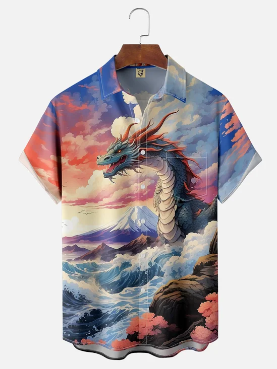 Moisture-wicking Ukiyo-e Dragon Chest Pocket Casual Shirt