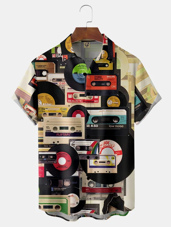 Tall Size Moisture-wicking Music Magnetic Tape Chest Pocket Short Sleeve Casual Shirt