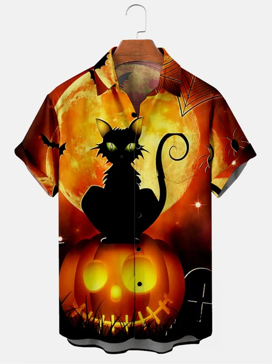 Tall Size Moisture-wicking Halloween Pumpkin Cat Print Chest Pocket Hawaiian Shirt