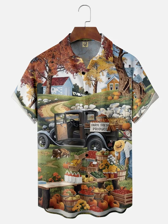 Moisture Wicking Thanksgiving Harvest Pumpkin Chest Pocket Casual Shirt