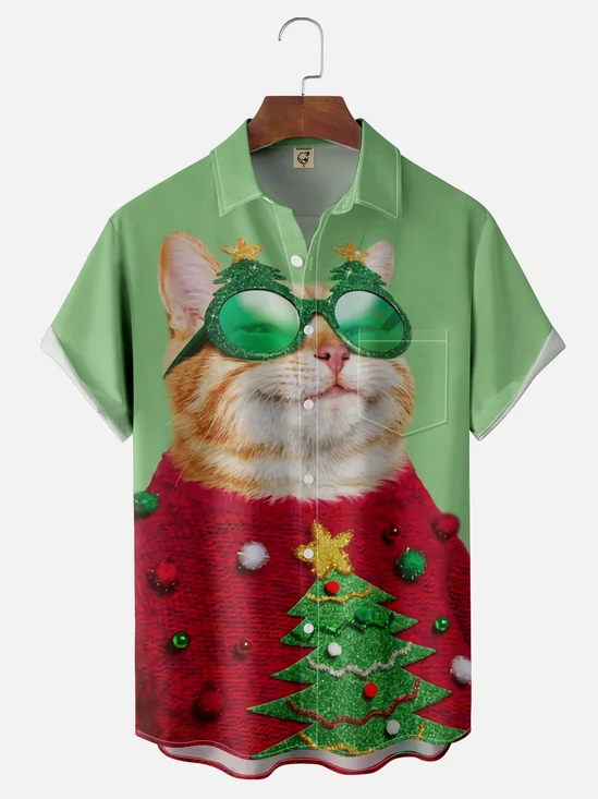 Moisture-wicking Christmas Cat Ugly Sweater Chest Pocket Casual Shirt