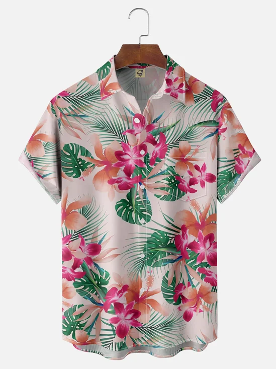 Moisture-wicking Tropical Floral Chest Pocket Hawaiian Shirt