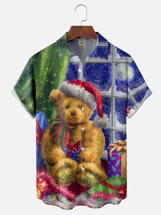 Moisture-wicking Christmas Teddy Bear Chest Pocket Casual Shirt