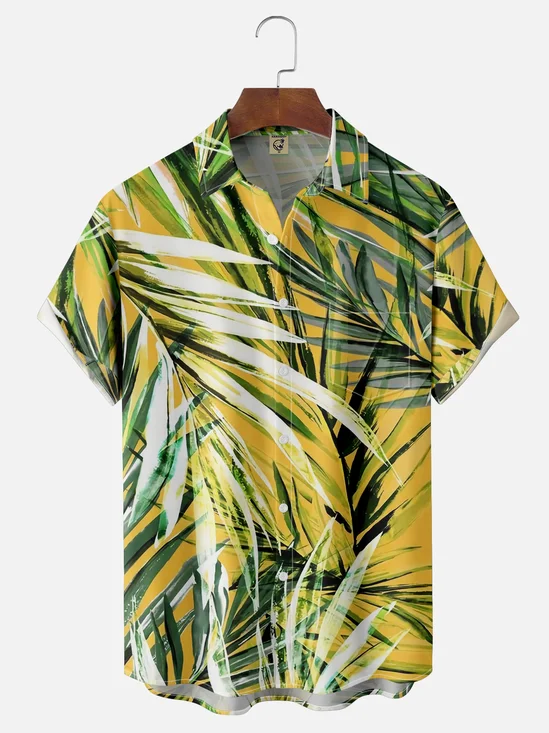 Moisture-wicking Tropical Palm Leaf Chest Pocket Hawaiian Shirt