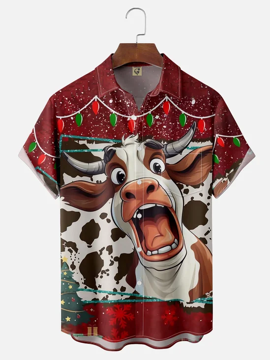 Moisture-wicking Christmas Funny Cow Chest Pocket Holiday Shirt