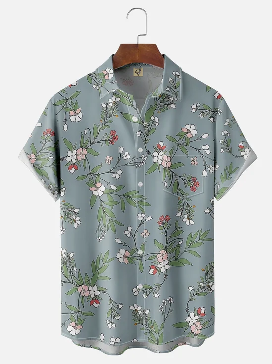 Moisture-wicking Tropical Floral Chest Pocket Hawaiian Shirt