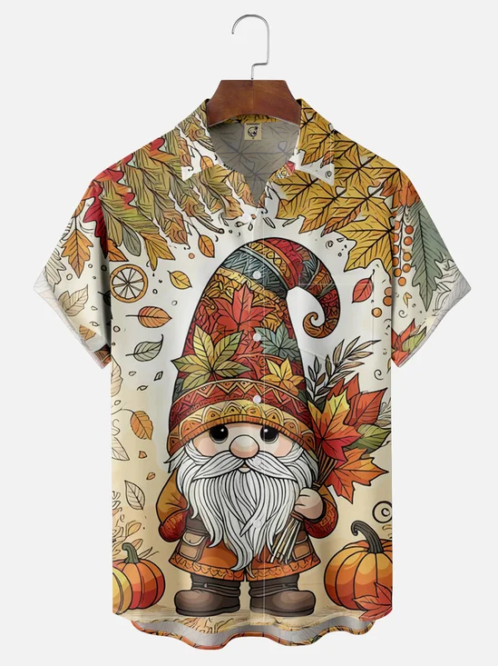 Moisture-wicking Thanksgiving Gnome and Maple Leaf Chest Pocket Hawaiian Shirt