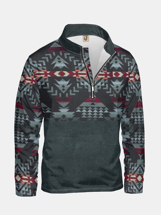 Retro Abstract Geometric Texture Print Half-zip Pullover Sweatshirt