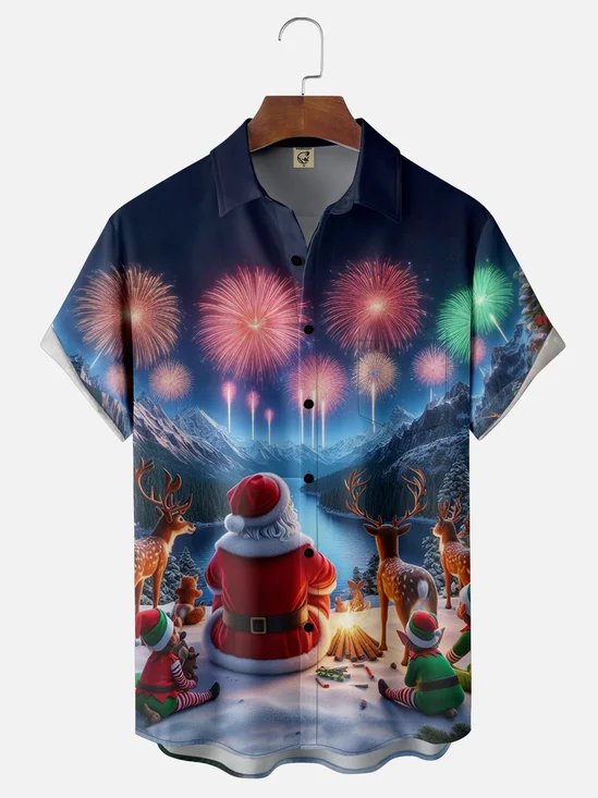 Moisture-wicking Santa Claus Watching Fireworks On Christmas Chest Pocket Hawaiian Shirt