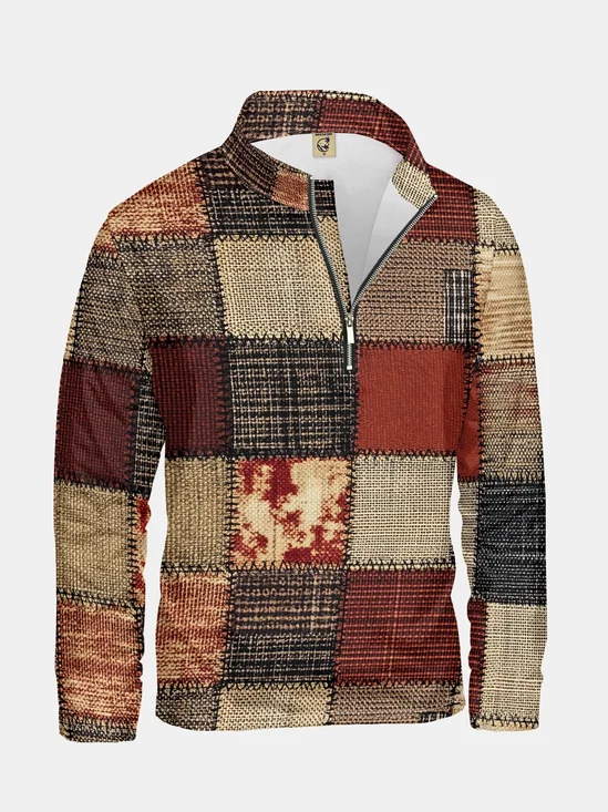 Retro Abstract Texture Splicing Print Half-zip Pullover Sweatshirt