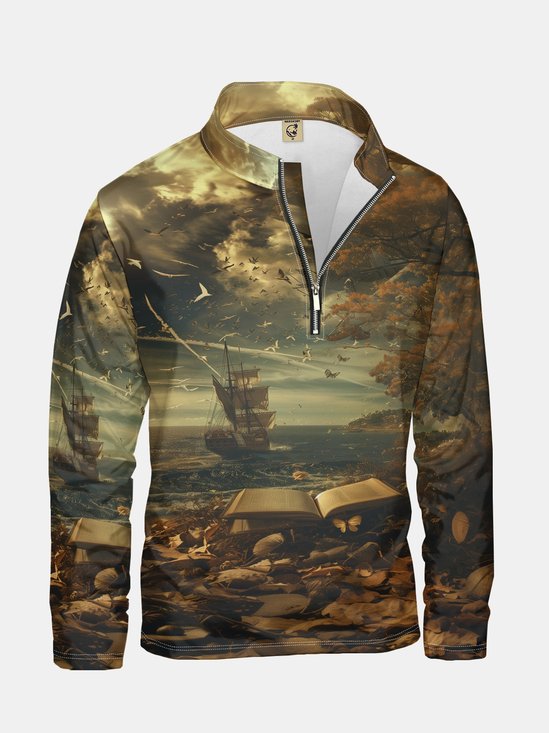 Sailboat Landscape Print Half-zip Pullover Sweatshirt