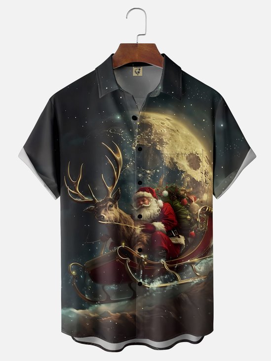 Moisture-wicking Christmas Santa Claus Christmas Elk Chest Pocket Casual Shirt