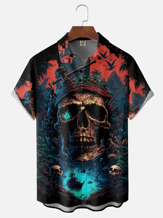 Moisture Wicking Pirate Skull Chest Pocket Hawaiian Shirt