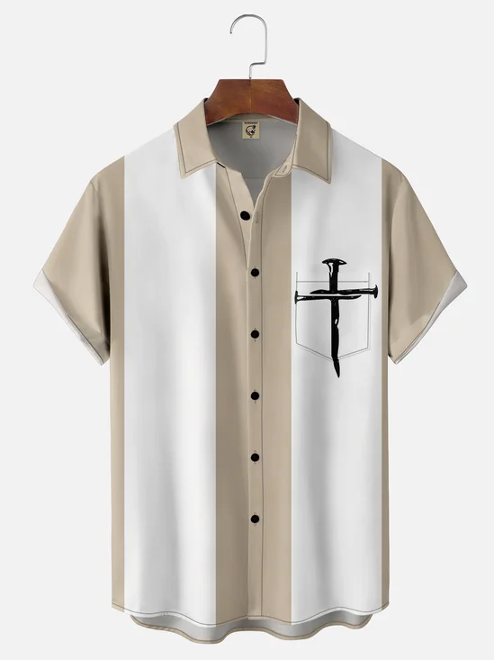 Mens Crucifix Print Casual Breathable Short Sleeve Hawaiian Shirt