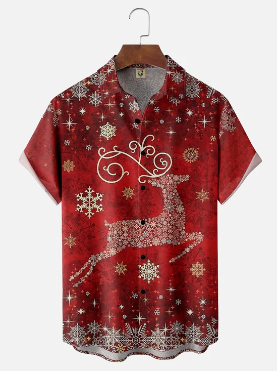 Moisture-wicking Christmas Art Reindeer Chest Pocket Hawaiian Shirt