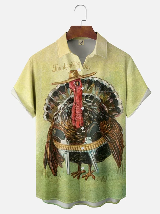 Moisture-wicking Thanksgiving Turkey Western Cowboy Chest Pocket Hawaiian Shirt