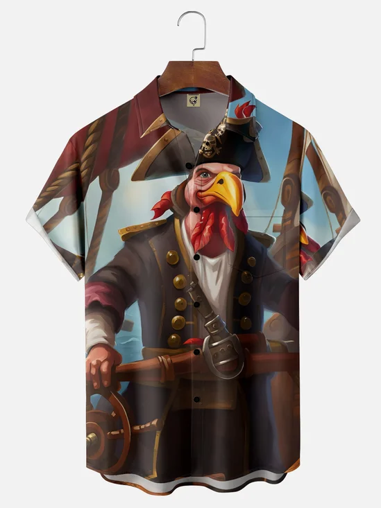 Moisture Wicking Pirate Turkey Chest Pocket Hawaiian Shirt