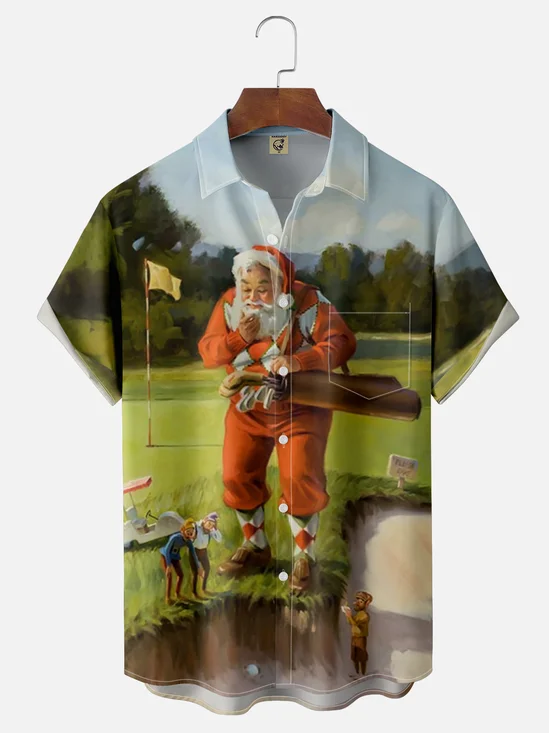 Moisture-wicking Holiday Golfing Santa Chest Pocket Hawaiian Shirt