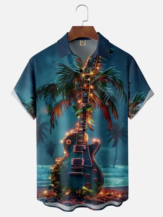 Moisture Wicking Hawaiian Guitar Music Chest Pocket Hawaiian Shirt